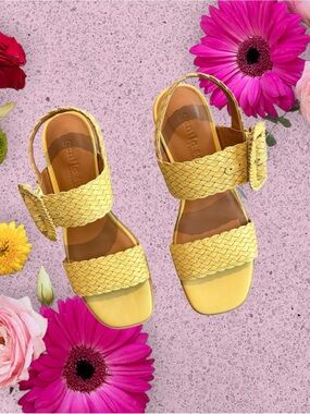 gentle souls Madylyn Yellow Woven Braided Leather Ankle-Strap Heel Sandals